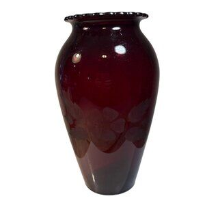 Royal Ruby Anchorglass Vase With Scalloped Edge Etched Floral Pattern Beautiful